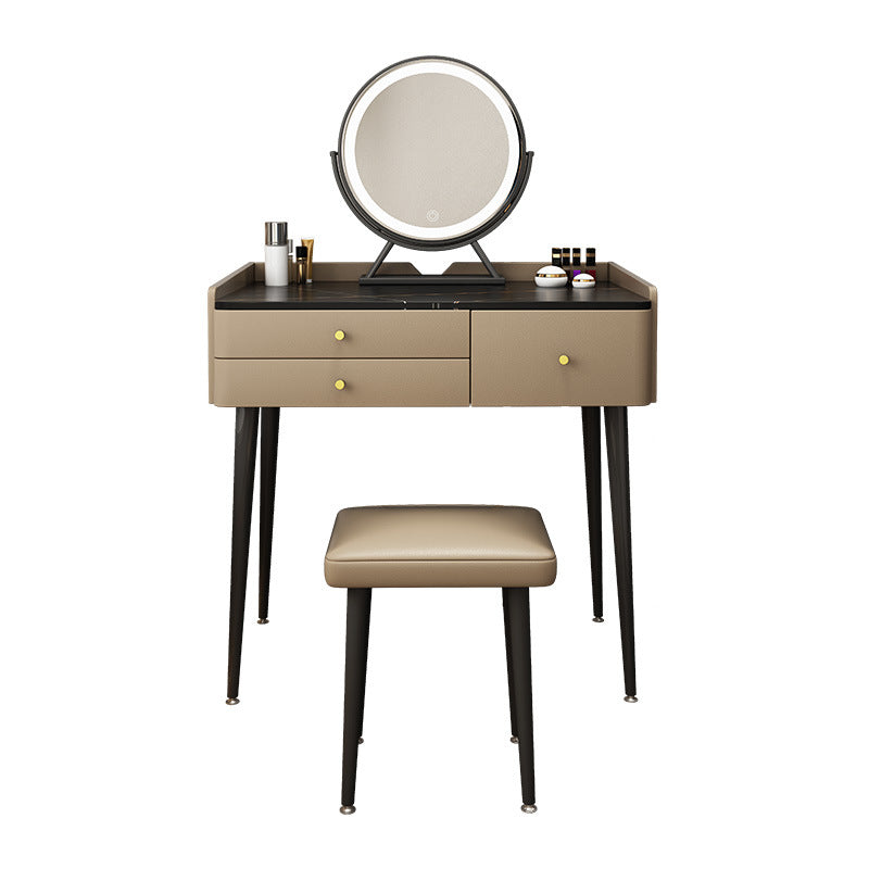 Luxurious Stone Top Vanity Genuine Leather Vanity Set with Stool