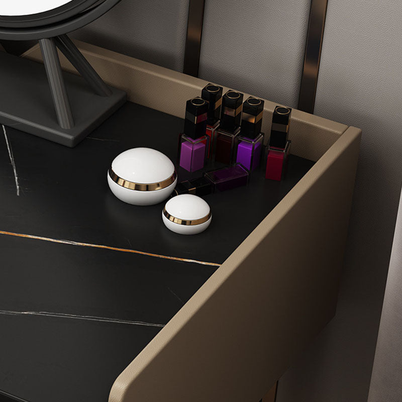 Luxurious Stone Top Vanity Genuine Leather Vanity Set with Stool