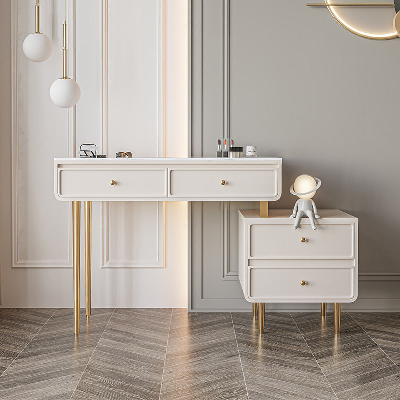 Wood and Stone with Drawers Vanity Table in White/Grey Makeup Desk