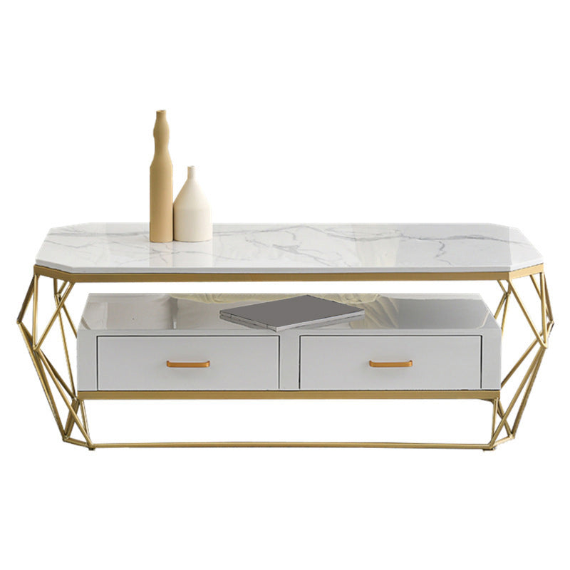 17.7" H Glam Rectangle Coffee Table Iron Frame Cocktail Table with 2 Drawers