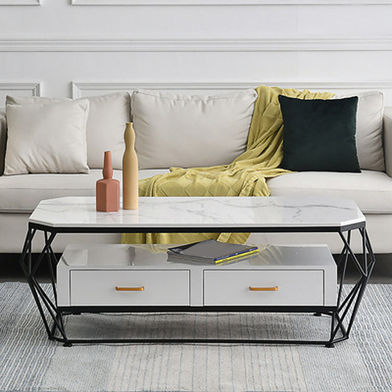 17.7" H Glam Rectangle Coffee Table Iron Frame Cocktail Table with 2 Drawers
