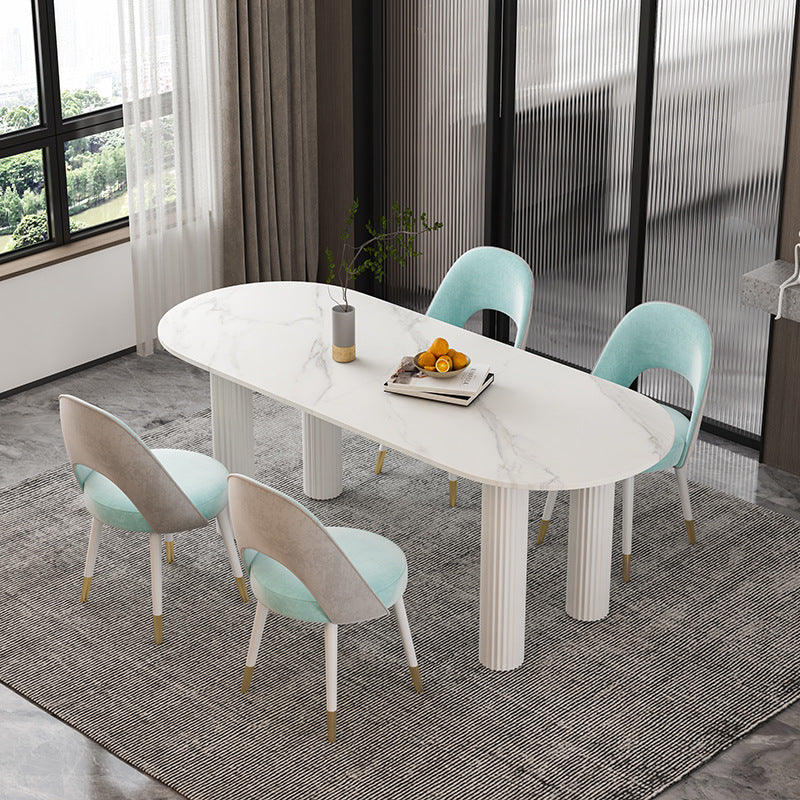 Stone Oval Dining Table Simple White Furniture with Solid Wood Double Pedestal