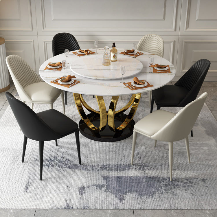 Contemporary Round Turntable Faux Leather Dining Set Stone 1/4/7 Pieces Dining Furniture