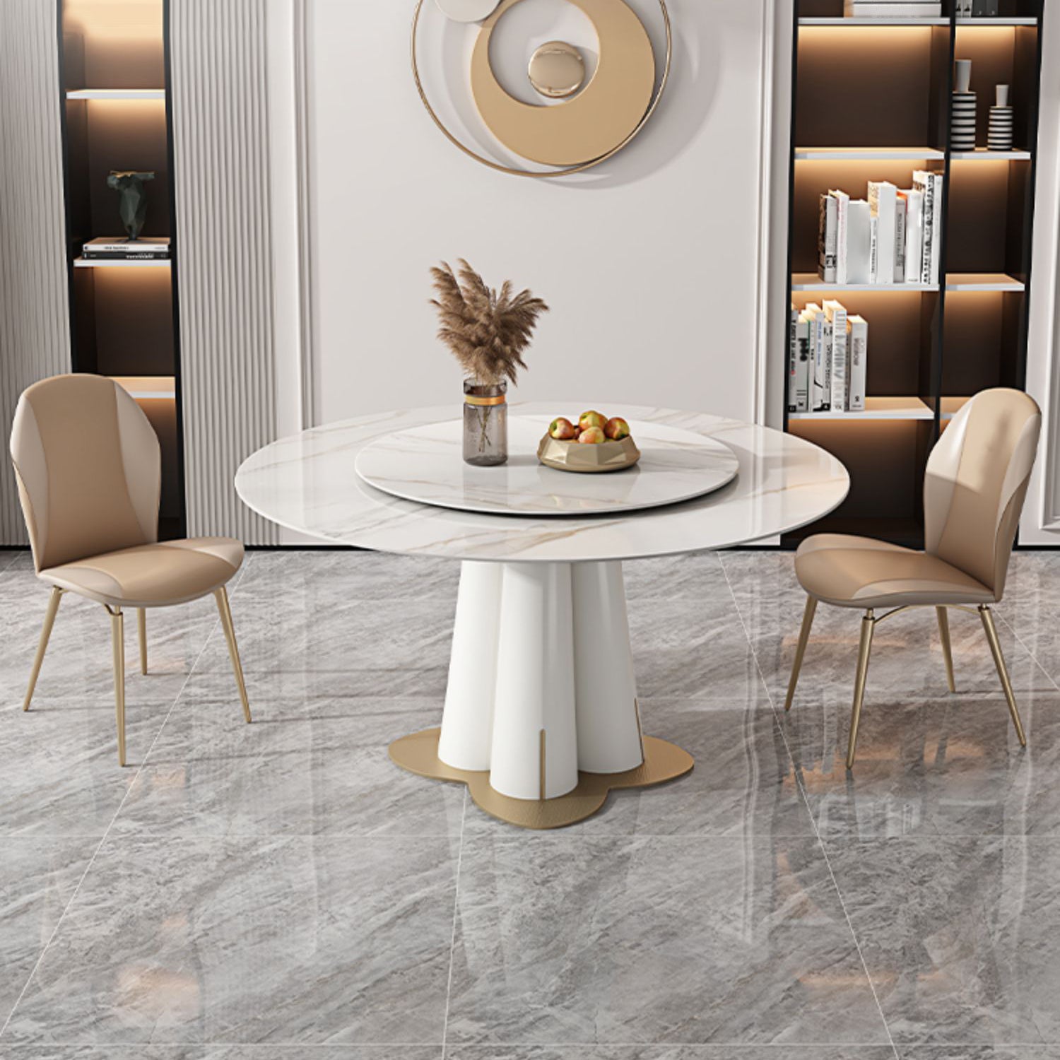 Nordic Glam Style Sintered Stone Round Table Set 1/3/5/6/7 Pieces Dining Set