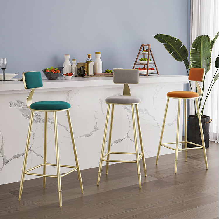 Glam Style Backrest Counter Stool Iron Kitchen Bar Stool with Velvet Cushion and Pedal