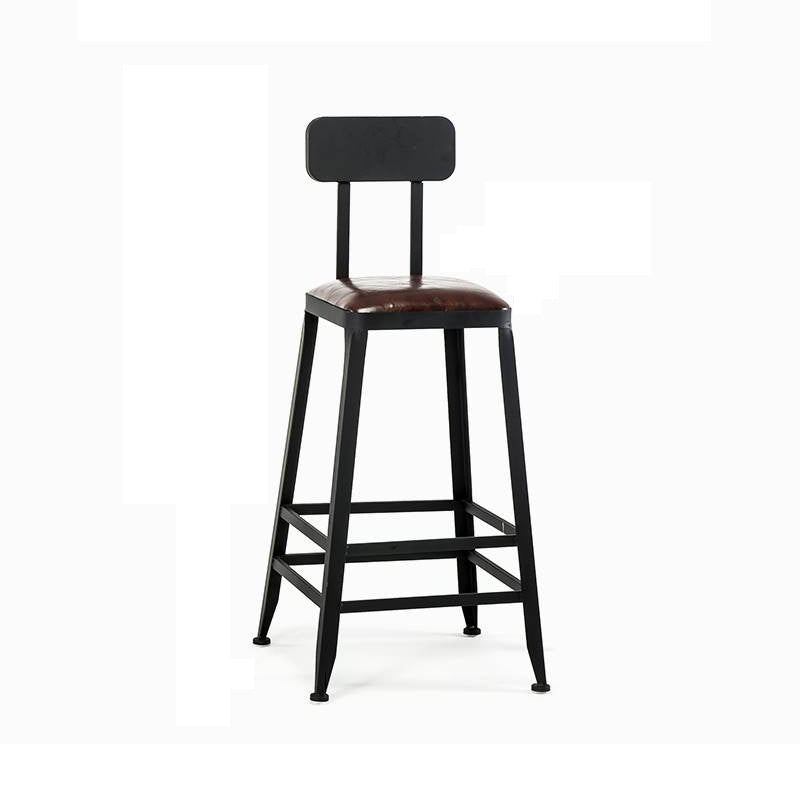 Industrial Armless Counter Stool Iron Bar Stool with Leather Cushion and Pedal for Cafe