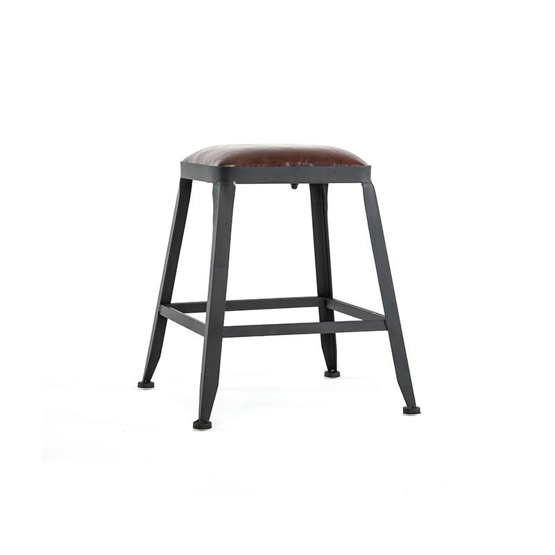 Industrial Armless Counter Stool Iron Bar Stool with Leather Cushion and Pedal for Cafe