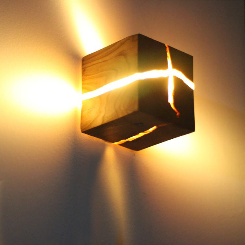 Log Color 1-Light Wall Lamp in Modern Minimalist Wooden Square Wall Light for Bedroom