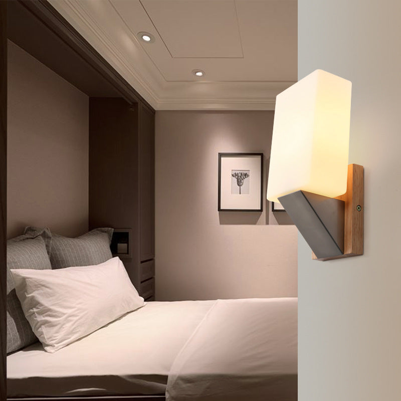 Modern Concise 1-Light Wall Lamp Wooden Geometric Wall Sconce with Glass Shade