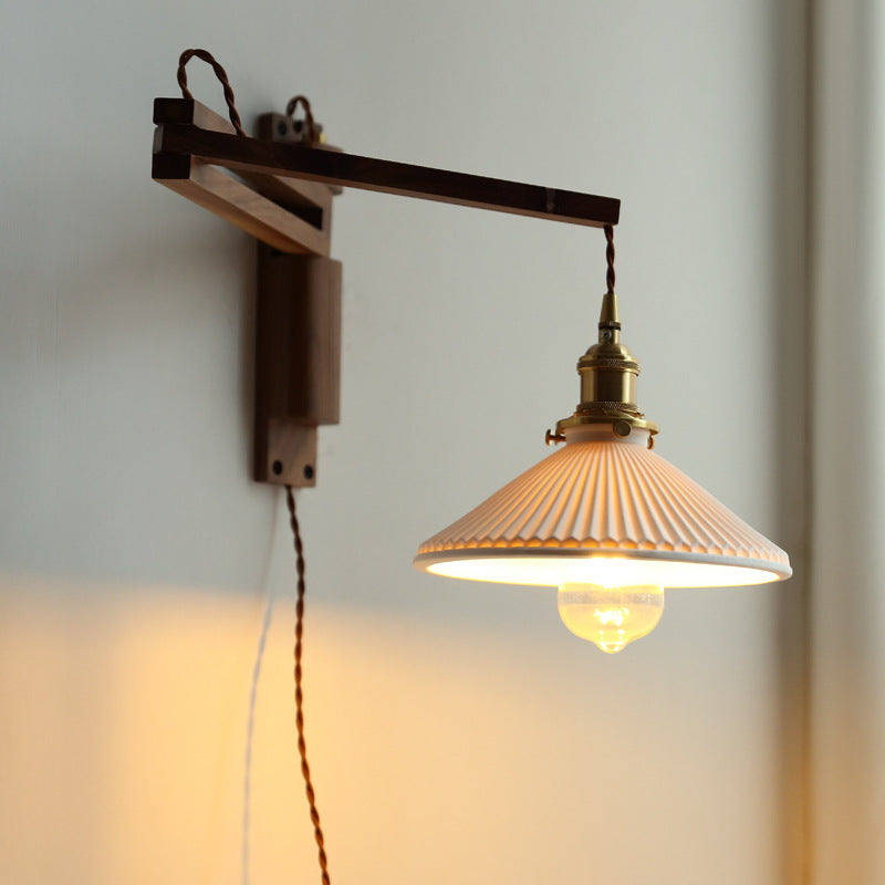 Wooden 1-Light Wall Light in Modern Minimalist Cone Shape Wall Lamp for Bedroom