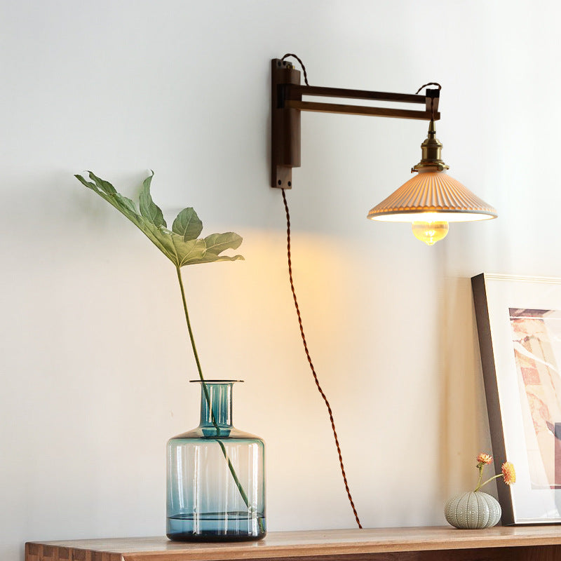 Wooden 1-Light Wall Light in Modern Minimalist Cone Shape Wall Lamp for Bedroom
