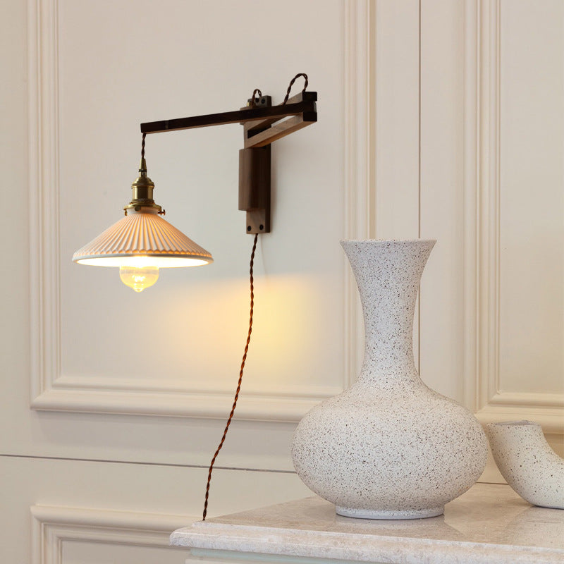 Wooden 1-Light Wall Light in Modern Minimalist Cone Shape Wall Lamp for Bedroom