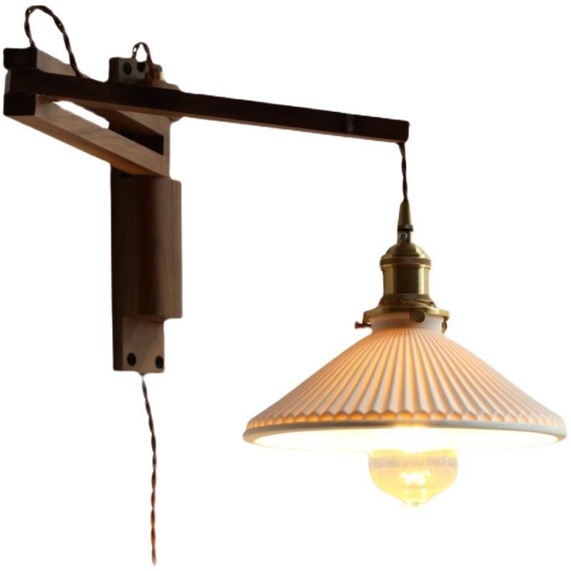 Wooden 1-Light Wall Light in Modern Minimalist Cone Shape Wall Lamp for Bedroom