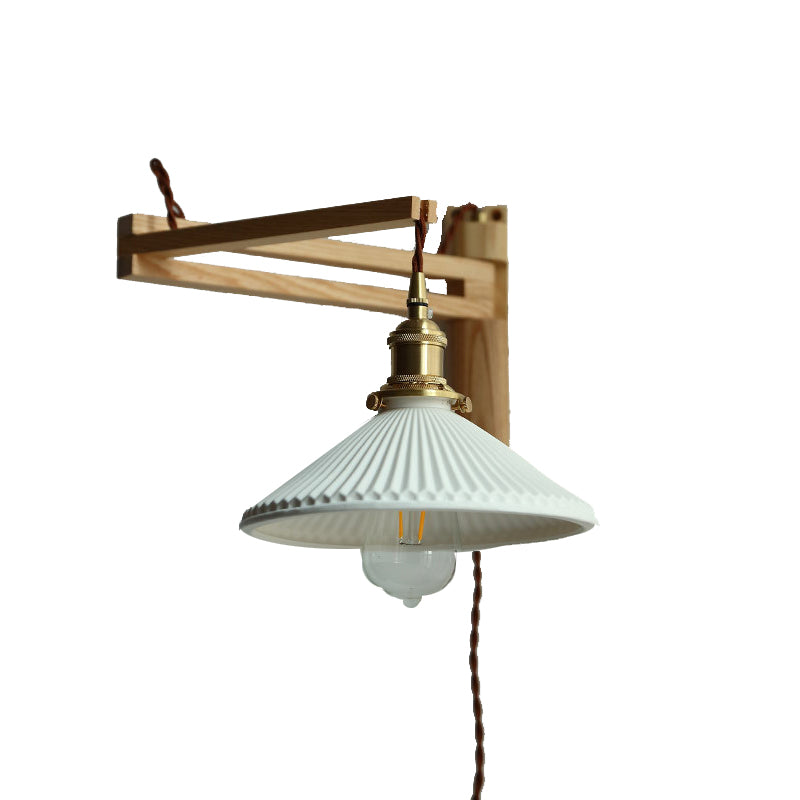 Wooden 1-Light Wall Light in Modern Minimalist Cone Shape Wall Lamp for Bedroom