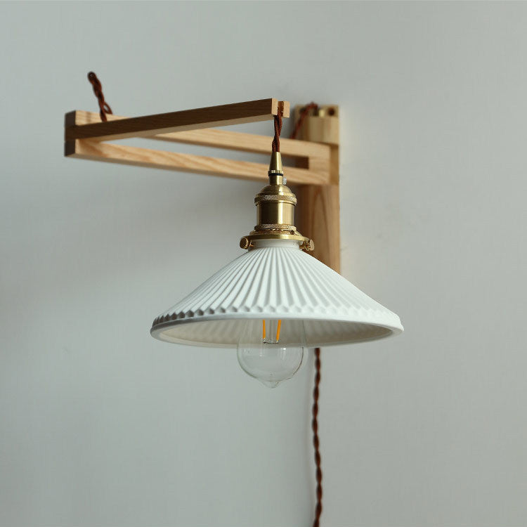 Wooden 1-Light Wall Light in Modern Minimalist Cone Shape Wall Lamp for Bedroom