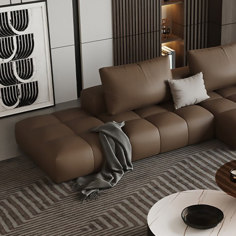Dark Brown Faux Leather Sectional Stain-Resistant One Arm Sectional for Living Room