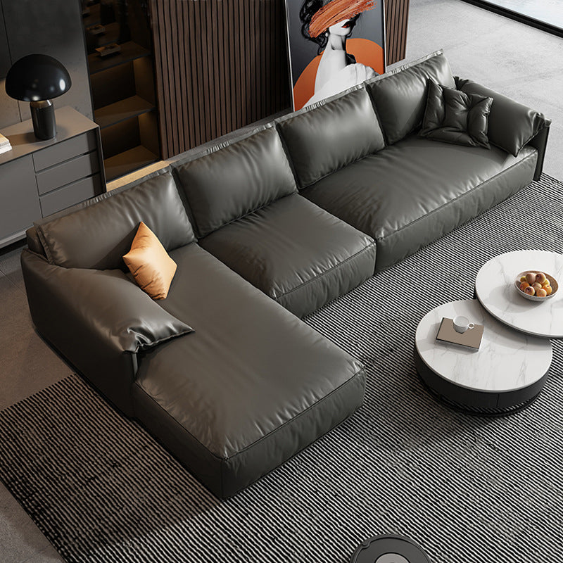 Black Genuine Leather Cushion Back Sectionals 70" Wood Stationary Sectionals