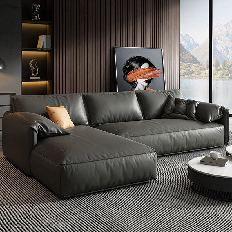 Black Genuine Leather Cushion Back Sectionals 70" Wood Stationary Sectionals