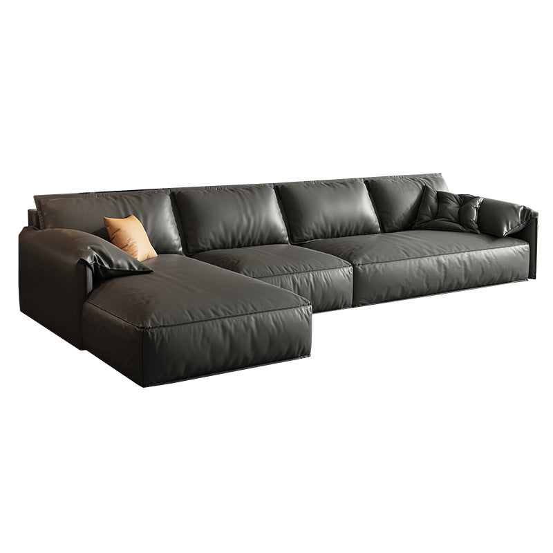 Black Genuine Leather Cushion Back Sectionals 70" Wood Stationary Sectionals