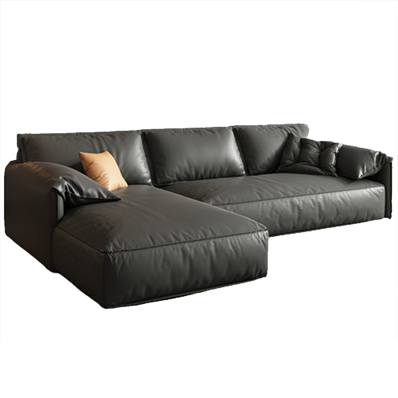 Black Genuine Leather Cushion Back Sectionals 70" Wood Stationary Sectionals