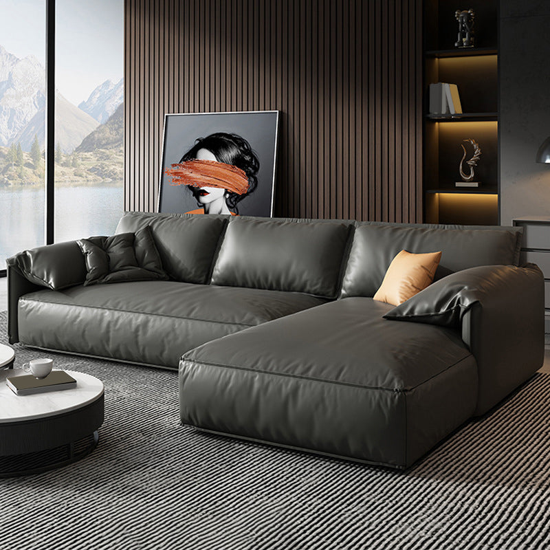 Black Genuine Leather Cushion Back Sectionals 70" Wood Stationary Sectionals