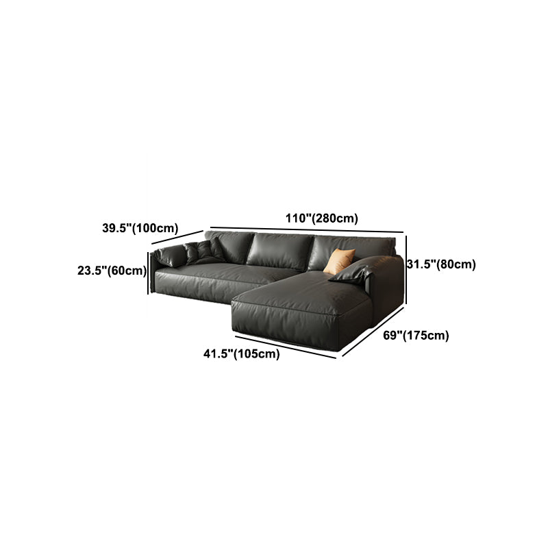 Black Genuine Leather Cushion Back Sectionals 70" Wood Stationary Sectionals