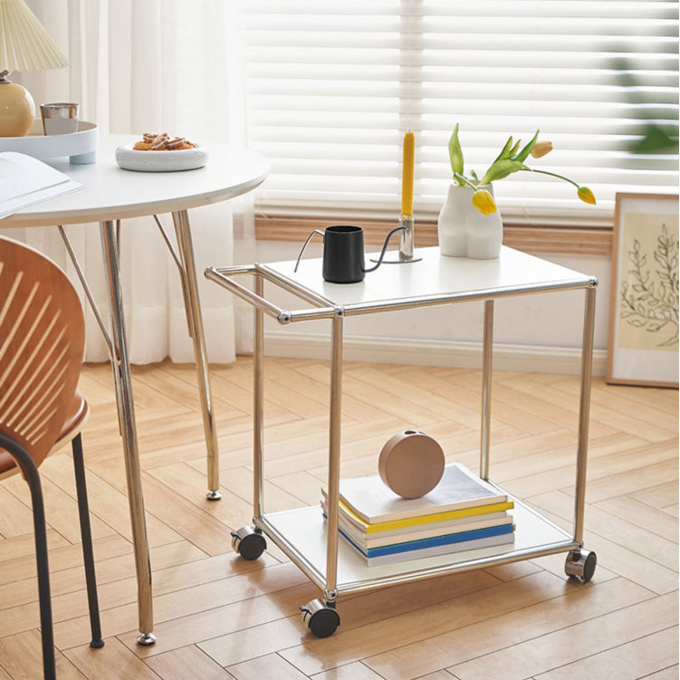 Medieval Modern Style Rectangular Metal Side Table with Wheel Base Design