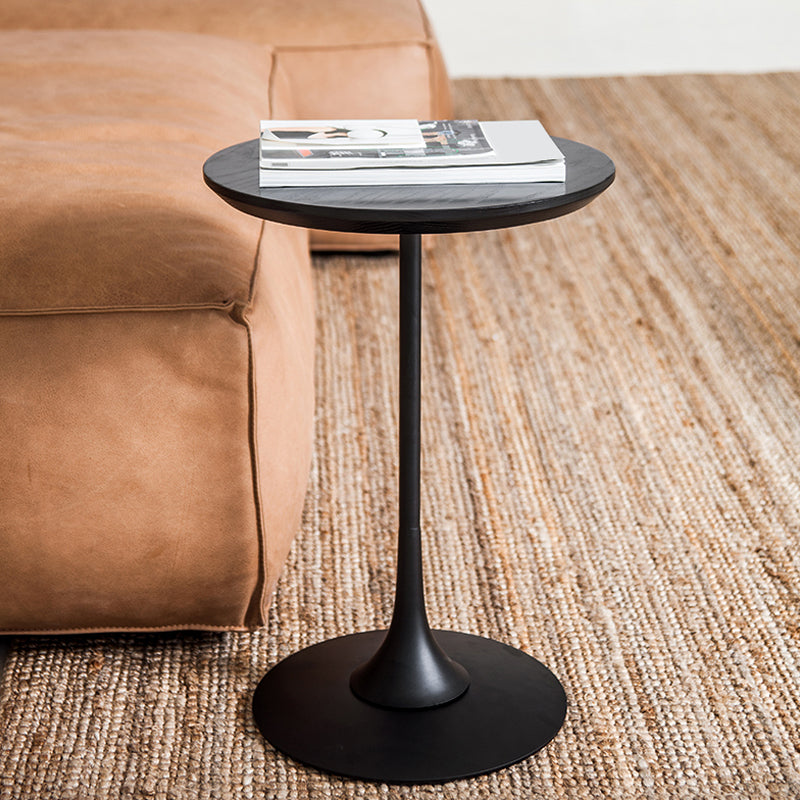 Scandinavian Round Solid Wood Top Side Table Metal Pedestal End Table