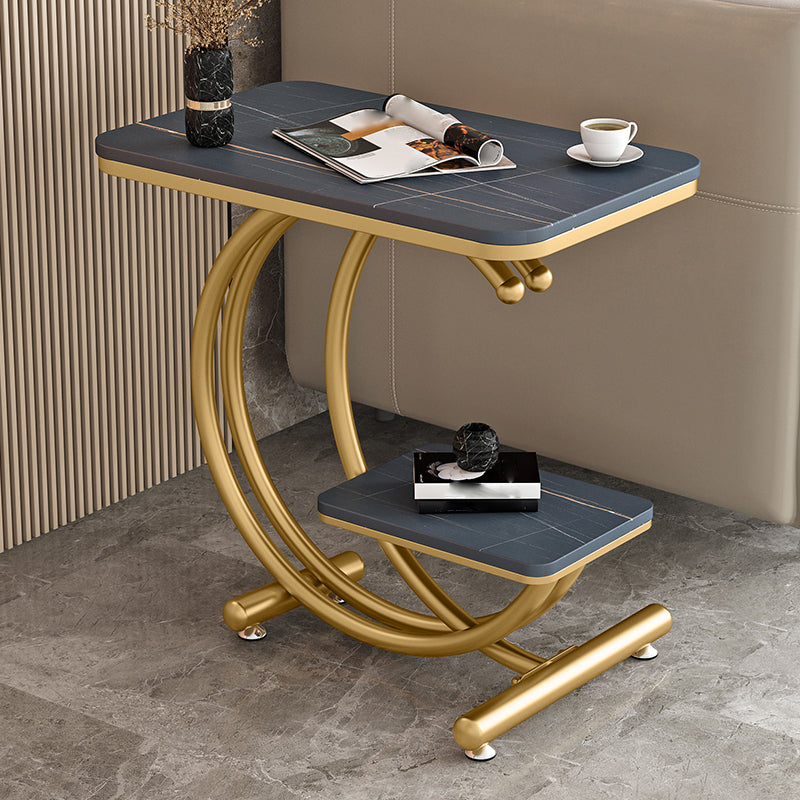 Modern Rectangle Slate Top End Table 23.6" Tall Iron C Side Table with Shelf