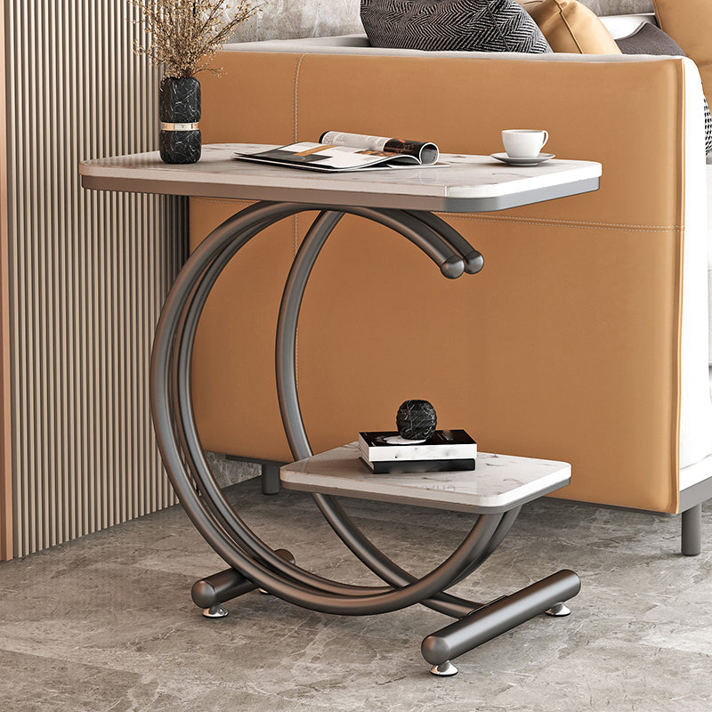 Modern Rectangle Slate Top End Table 23.6" Tall Iron C Side Table with Shelf