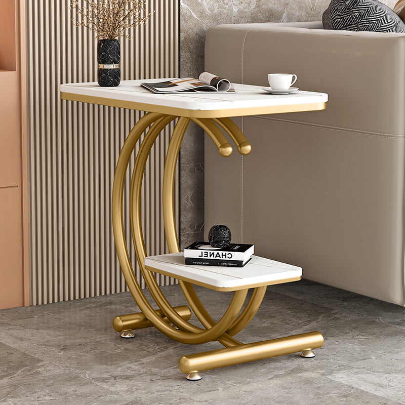 Modern Rectangle Slate Top End Table 23.6" Tall Iron C Side Table with Shelf