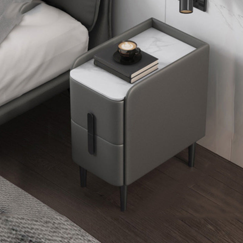 20 Inch Tall Nightstand Modern Stone Top Faux Leather 2-Drawer Legs Included Night Table