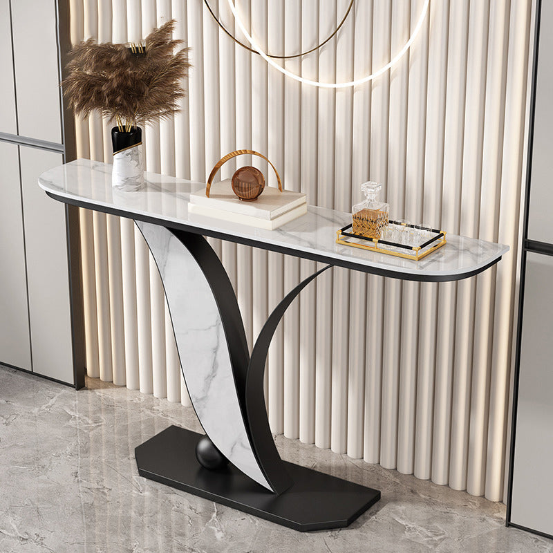 Contemporary Half Moon Console Table with Black Iron Base for Hall