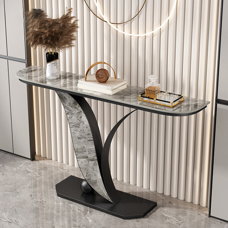 Contemporary Half Moon Console Table with Black Iron Base for Hall