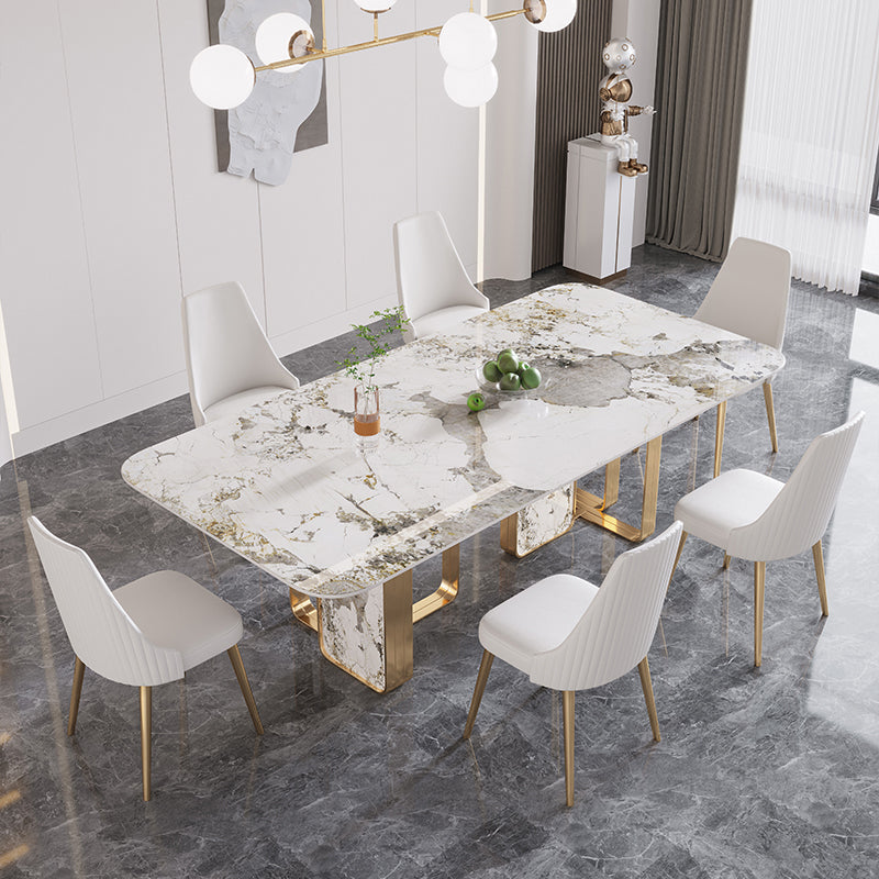 Luxury Sintered Stone Top Table Rectangle Table with Double Pedestal in Gold