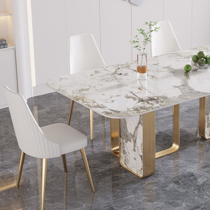 Luxury Sintered Stone Top Table Rectangle Table with Double Pedestal in Gold