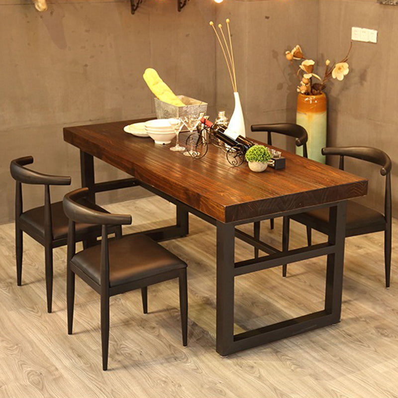 Industrial Dining Table Brown Solid Wood Dining Table with Trestle Base