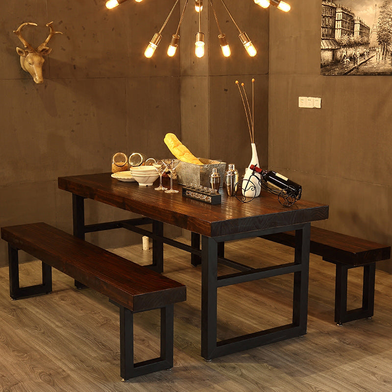 Industrial Dining Table Brown Solid Wood Dining Table with Trestle Base