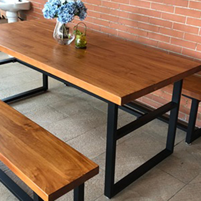 Industrial Dining Table Brown Solid Wood Dining Table with Trestle Base
