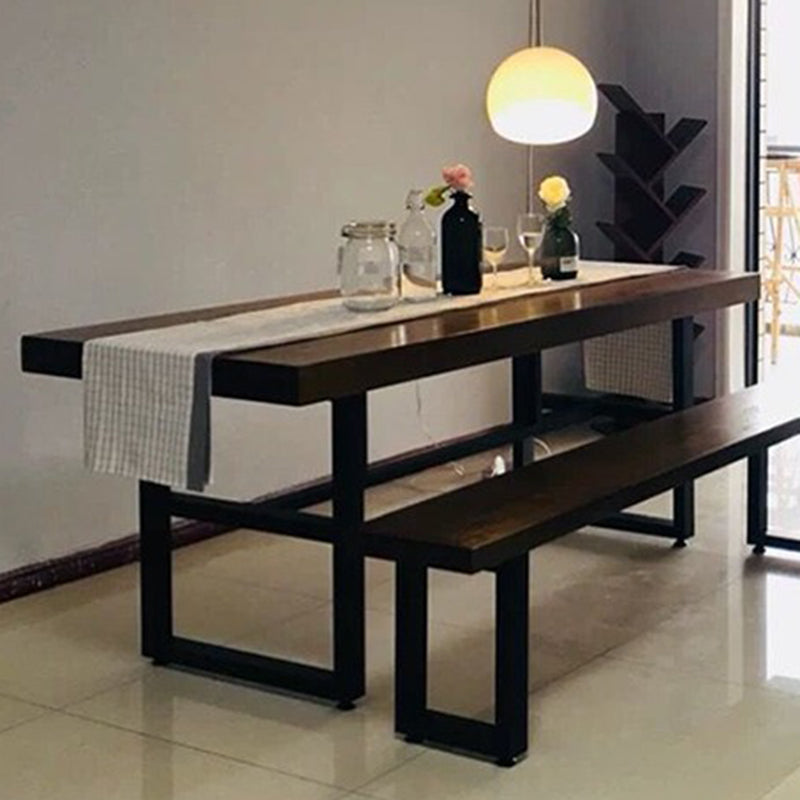 Industrial Dining Table Brown Solid Wood Dining Table with Trestle Base