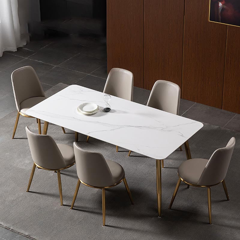 Rectangle Modern Dining Table White Sintered Stone Top Gold Metal Base Table