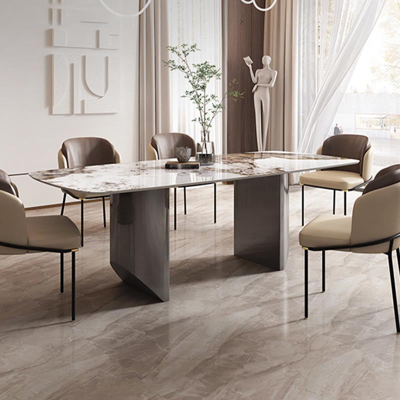 Sintered Stone Top Dining Table Modern Rectangle Stainless Steel Double Pedestal Table