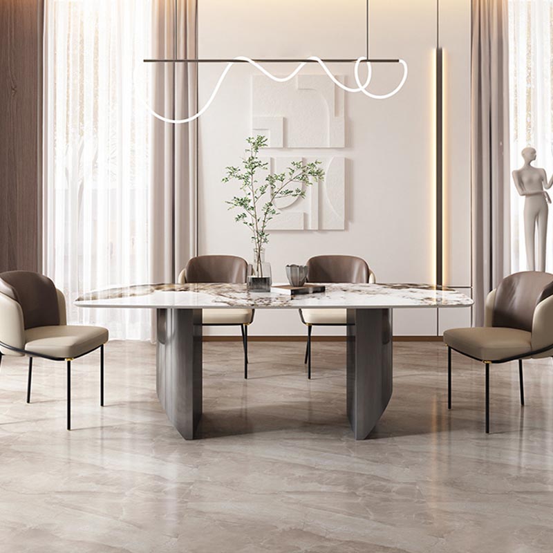 Sintered Stone Top Dining Table Modern Rectangle Stainless Steel Double Pedestal Table