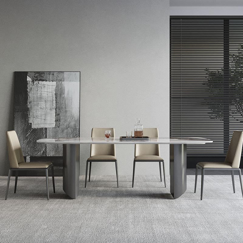 Sintered Stone Top Dining Table Modern Rectangle Stainless Steel Double Pedestal Table