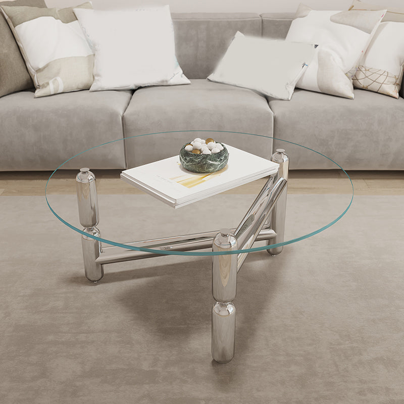 Glass Top Steel Coffee Table Round Minimalist Modern Coffee Table