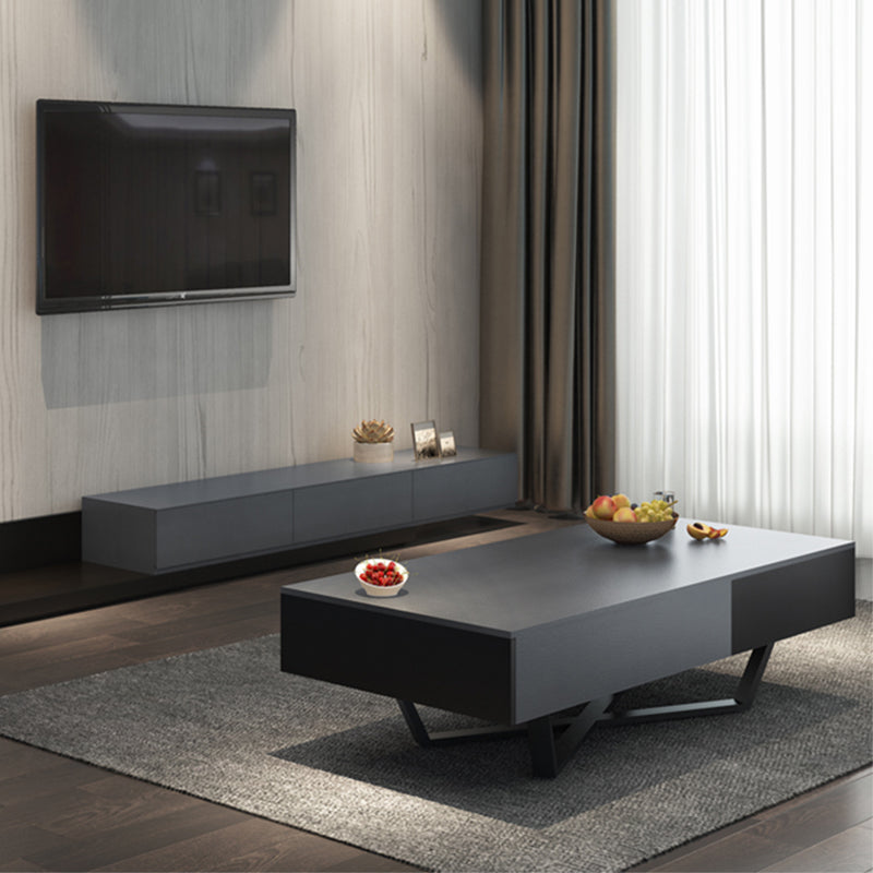 15.7" H Modern Rectangle Wooden Coffee Table Metal Cross Legs Cocktail Table