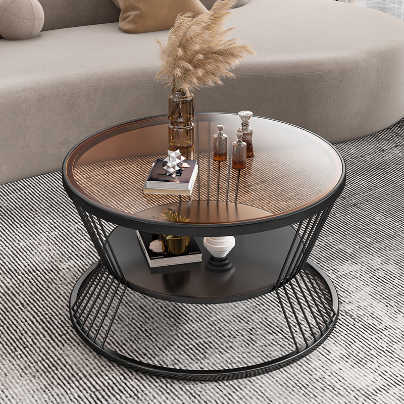 Modern 17.7" H Round Glass Coffee Table Iron Frame Cocktail Table