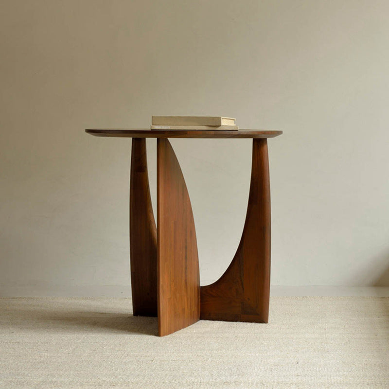 Round Solid Wood Table with Abstract Base Design Nordic Style Side Table