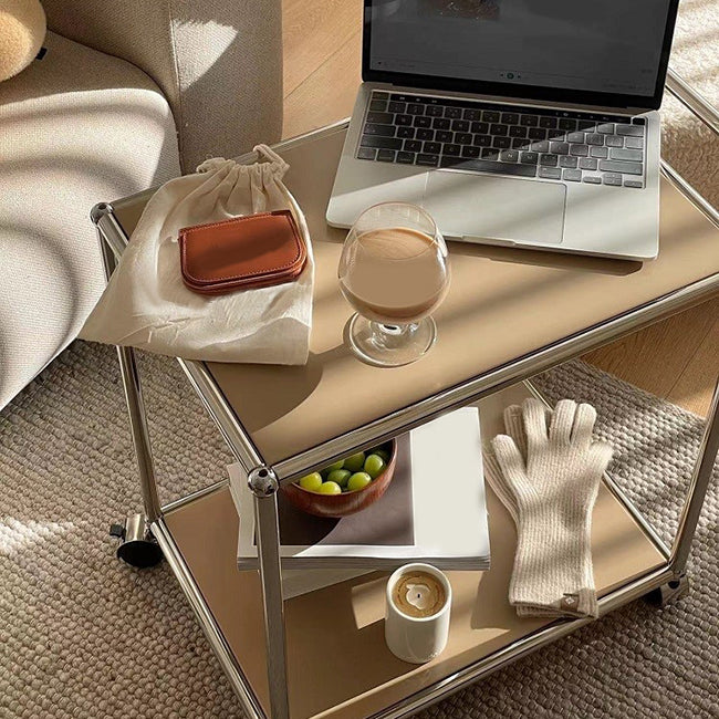 Medieval Modern Style Rectangular Metal/glass Table Wheel Base Side Table