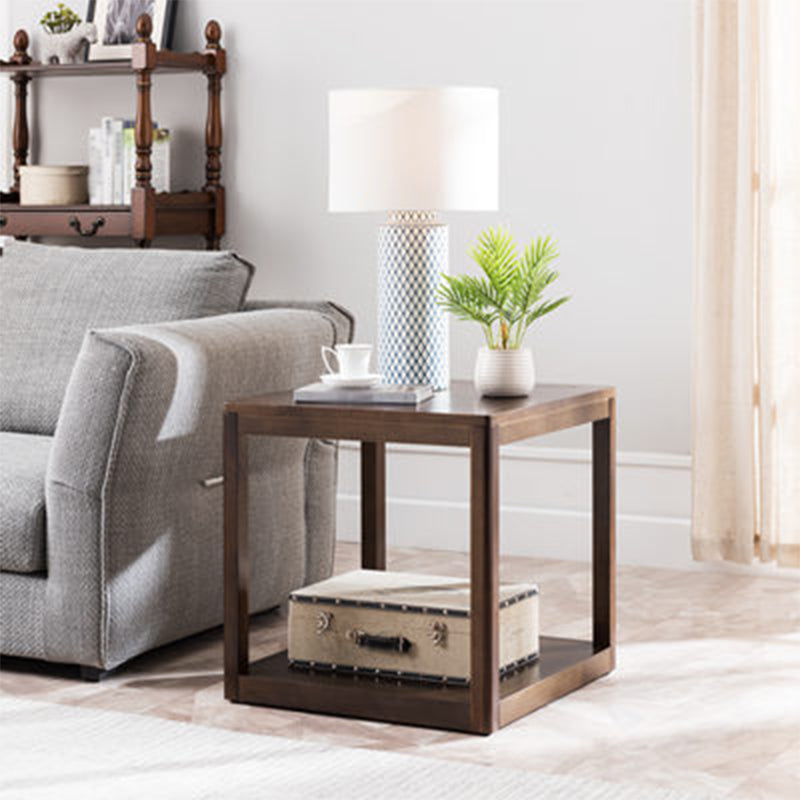 Farmhouse Wood Square Side Table Two-Tier Sofa End Table for Living Room